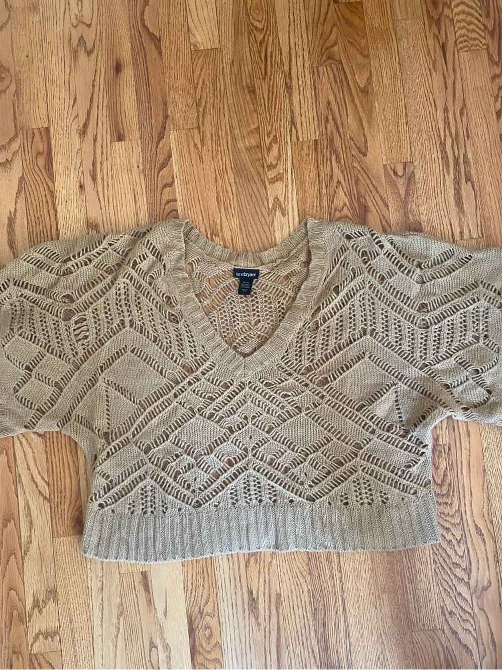 Lane Bryant Open-Knit V-Neck Crop Sweater - Beige wool alpaca blend